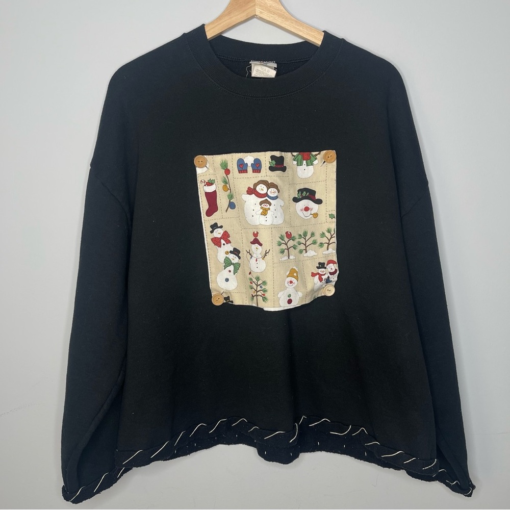 Vintage Christmas Sewn Pullover Sweater with Snowmen (X-Large)